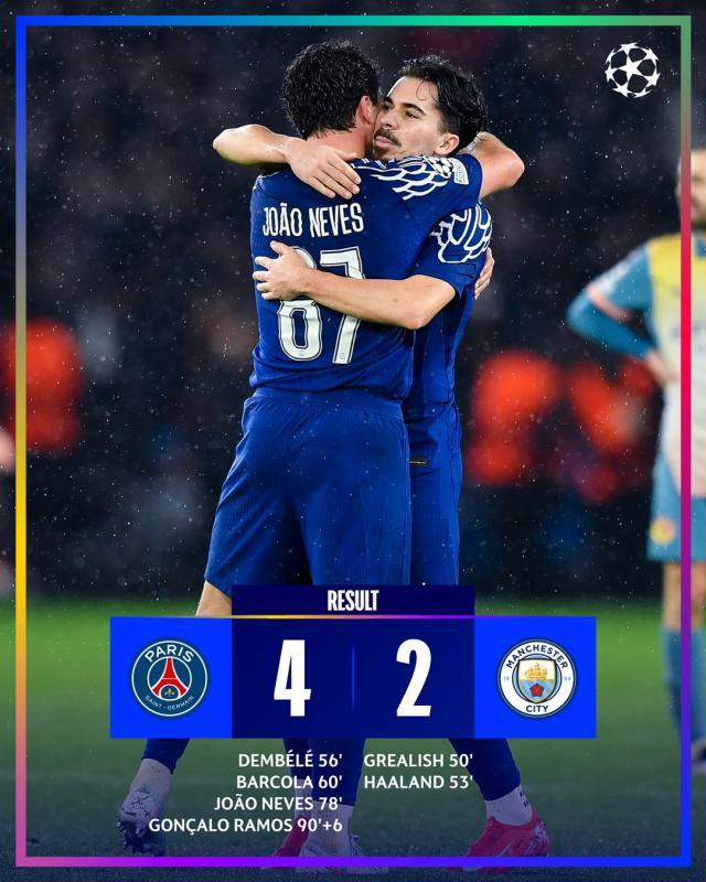 体育比赛-【欧冠】让二追四！巴黎4比2逆转曼城进入附加赛区